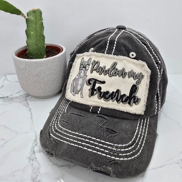 boho Pardon My French embroidered gray canvas adjustable baseball hat - Picture 1 of 8